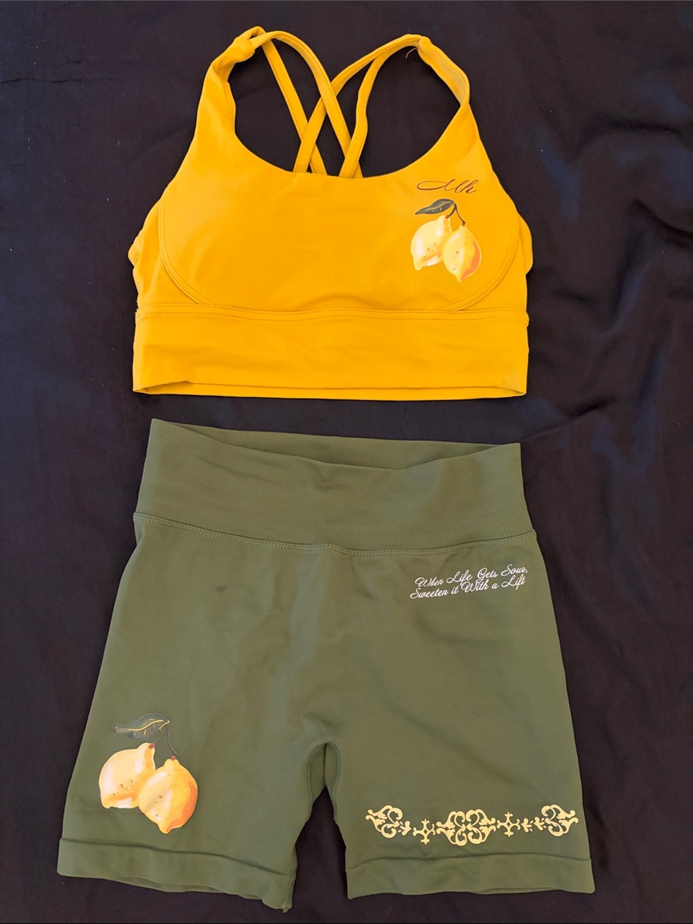Lemon Yellow Sports Bra & Olive Bike Shorts Set
